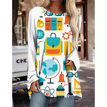 Женские футболки с 3D-принтом и круглым вырезом, длинные рукава для женщин, милые базовые топы, повседневные футболки-пуловеры на осень-зиму S