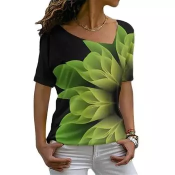 Женские футболки с 3D принтом листьев и сексуальным элементом в полоску с диагональным вырезом, повседневные, летние, в стиле Харадзюку, модный пуловер с короткими рукавами, новинка 7XL