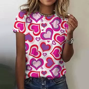 Женские футболки с 3D принтом «Любовь», топ оверсайз, повседневный короткий пуловер с круглым вырезом и рукавами, футболка из полиэстера, женская одежда 2024 M