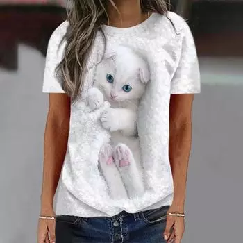 Женские футболки с 3D-принтом милого кота для женщин и девочек, модные футболки с круглым вырезом, женские свободные футболки с короткими рукавами и круглым вырезом XXXXXL белый
