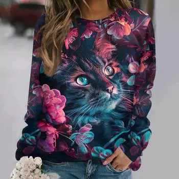 Женские футболки с 3D-принтом, рисунком кошки, с длинным рукавом, на каждый день, на выходные, модные, с забавным круглым вырезом, стандартный крой, весна и осень S
