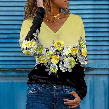 Женские футболки с 3D принтом розы, женские топы, пуловер с длинным рукавом и v-образным вырезом, женские футболки, футболка для женщин XS жёлтый