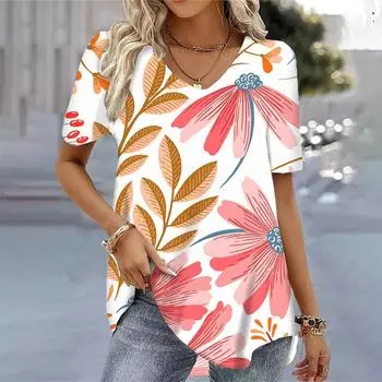 Женские футболки с 3D принтом, топы с v-образным вырезом и короткими рукавами, модная летняя легкая дышащая быстросохнущая уличная блузка с 3D принтом XL