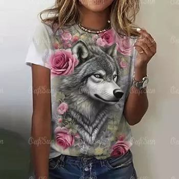 Женские футболки с 3d принтом волка, летняя модная футболка с животными, готическая футболка с коротким рукавом и круглым вырезом, футболка в стиле хип-хоп, женская одежда большого размера S