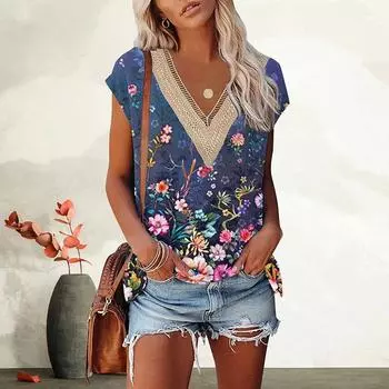 Женские футболки с ажурной кружевной строчкой и v-образным вырезом, рубашки с короткими рукавами и принтами, темпераментные пригородные футболки S