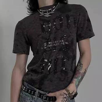 Женские футболки с буквенным принтом Y2k Aesthetic Streetwear Повседневные винтажные топы Летние свободные футболки Harajuku в стиле хип-хоп M чёрный