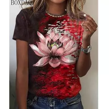 Женские футболки с цветочным принтом, летние, с коротким рукавом, объемные, с принтом цветов 3D, женские футболки в стиле тай-дай, размер 6XL, повседневные топы с круглым вырезом XXS