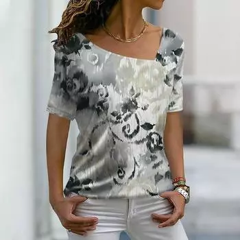 Женские футболки с цветочным принтом, модная футболка с коротким рукавом, большие размеры, свободные летние топы, женская футболка с V-образным вырезом, размеры XS-8XL S