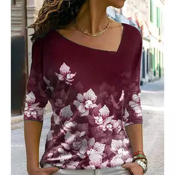 Женские футболки с цветочным принтом, весенне-осенние топы, свободный топ с нерегулярным v-образным вырезом, повседневная футболка с длинным рукавом S