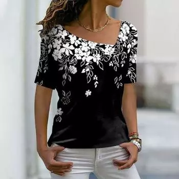 Женские футболки с цветочным принтом Женская одежда Топы с короткими рукавами Толстовки с v-образным вырезом Уличная одежда Футболки большого размера Женская футболка S
