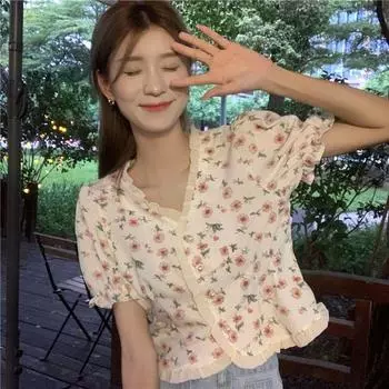 Женские футболки с цветочным V-образным вырезом, мягкие, милые, для девочек, футболки Y2K, дизайн, летние пляжные топы, женские футболки, сексуальные, модные футболки, кружевные боковины S
