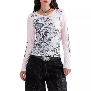 Женские футболки с длинным рукавом, цветочные принты, ребристые рубашки с V-образным вырезом, весенние повседневные облегающие топы, уличная одежда S розовый