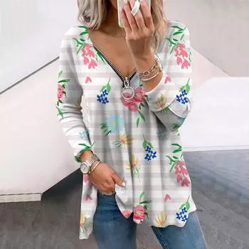 Женские футболки с длинным рукавом и цветочным принтом, оранжевые, лимонные, свободные, с V-образным вырезом, большие размеры, удобные блузки XS розовый