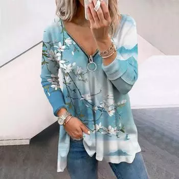 Женские футболки с длинным рукавом и цветочным принтом в виде синей груши, свободные футболки с V-образным вырезом больших размеров, удобные блузки XS розовый