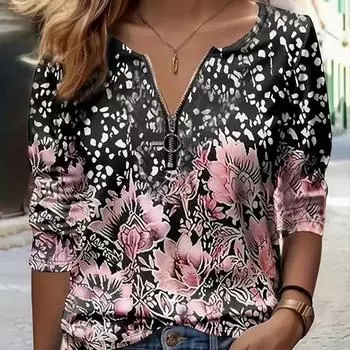 Женские футболки с длинным рукавом и цветочным принтом в виде осенних роз, свободные футболки больших размеров с V-образным вырезом, удобные блузки XS розовый