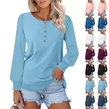 Женские футболки с длинным рукавом и круглым вырезом, рубашки с рукавами-фонариками, блузки на пуговицах, топы M белый