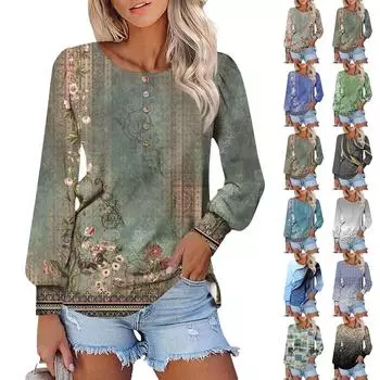 Женские футболки с длинным рукавом и круглым вырезом, винтажные принты, рубашки с рукавами-фонариками, блузки на пуговицах, топы XXL