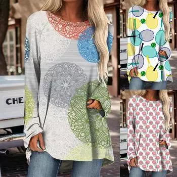 Женские футболки с длинным рукавом и круглым вырезом с 3D-принтом, базовые футболки, блузки, осень-зима, базовые свободные повседневные свитера, рубашки S