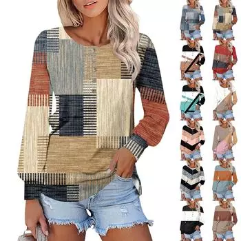 Женские футболки с длинным рукавом и круглым вырезом, полосатые принты, рубашки с рукавами-фонариками, блузки на пуговицах, топы M коричневый