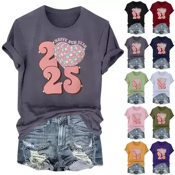 Женские футболки с длинным рукавом и круглым вырезом 2025 года, новогодние принты, рубашки с рукавами-фонариками, блузки на пуговицах, топы S