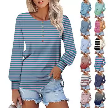 Женские футболки с длинным рукавом и круглым вырезом, полосатые принты, рубашки с рукавами-фонариками, блузки на пуговицах, топы S
