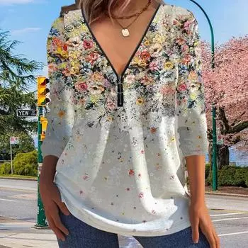 Женские футболки с длинным рукавом и принтом в виде цветка и осенней ботанической тематики, свободные футболки больших размеров с V-образным вырезом, удобные блузки XS фиолетовый