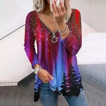 Женские футболки с длинным рукавом и принтом «Осенний лес Аврора», свободные футболки больших размеров с V-образным вырезом, удобные блузки XS фиолетовый