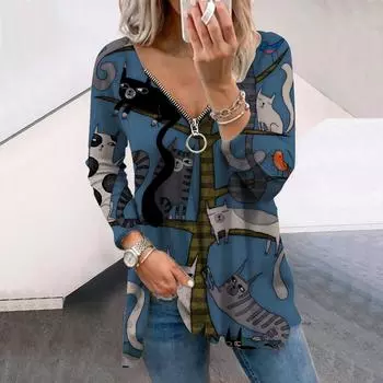 Женские футболки с длинным рукавом и принтом осеннего дерева и мультяшного кота, свободные футболки больших размеров с V-образным вырезом, удобные блузки XS фиолетовый