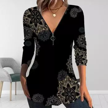 Женские футболки с длинным рукавом и принтом «Волшебные осенние узоры», свободные футболки с V-образным вырезом больших размеров, удобные блузки XS чёрный