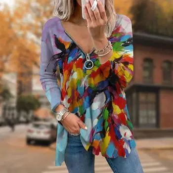 Женские футболки с длинным рукавом и принтом лошади на осень, свободные футболки больших размеров с V-образным вырезом, удобные блузки XS розовый