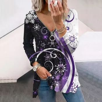 Женские футболки с длинным рукавом и принтом «Осенние снежинки», свободные футболки больших размеров с V-образным вырезом, удобные блузки XS фиолетовый