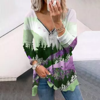 Женские футболки с длинным рукавом и принтом «Снежные горы» свободного покроя с V-образным вырезом больших размеров, удобные блузки XS фиолетовый