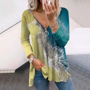 Женские футболки с длинным рукавом и принтом «Осенняя морская волна», свободные футболки с V-образным вырезом больших размеров, удобные блузки XS розовый