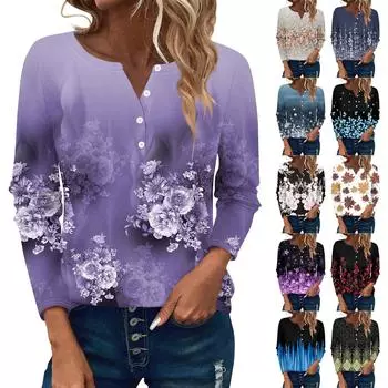 Женские футболки с длинным рукавом и пуговицами, повседневные туники с V-образным вырезом, женские повседневные топы XL синий