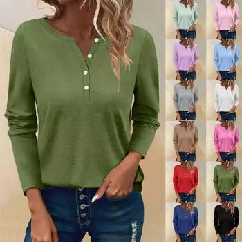 Женские футболки с длинным рукавом и пуговицами, повседневные туники с V-образным вырезом, женские повседневные топы S