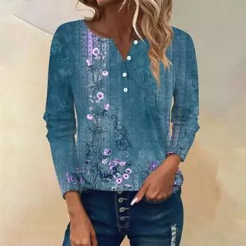 Женские футболки с длинным рукавом и пуговицами, повседневные туники с V-образным вырезом, женские повседневные топы S фиолетовый