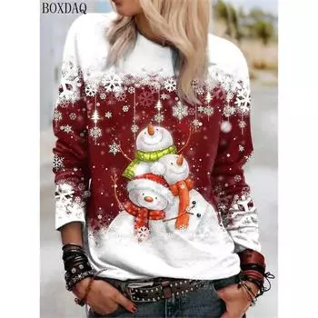 Женские футболки с длинным рукавом и рисунком Рождественского снеговика, осень-зима, в уличном стиле, женские футболки с 3D-принтом, повседневные топы S