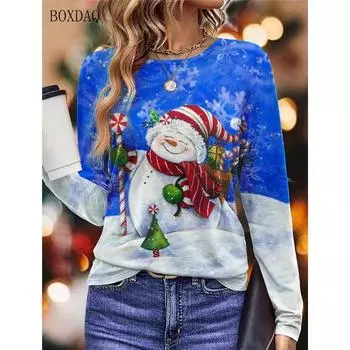 Женские футболки с длинным рукавом и рисунком рождественского снеговика, осенне-зимние 3D-принты в стиле хип-хоп, женские футболки 6XL, повседневные топы больших размеров S
