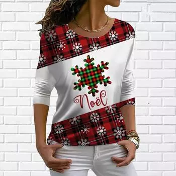 Женские футболки с длинным рукавом и рождественскими снежинками, осенне-зимний 3D-принт в клетку, уличная одежда, женские футболки свободного покроя S