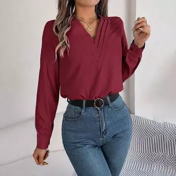 Женские футболки с длинным рукавом и v-образным вырезом, однотонная футболка, женская футболка, уличные шифоновые блузки, топ S белый