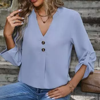 Женские футболки с длинным рукавом и v-образным вырезом, однотонная футболка, женская футболка, уличные шифоновые блузки, топ S синий