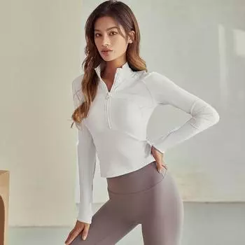 Женские футболки с длинным рукавом на молнии большого размера, однотонные модные женские топы для занятий йогой и спортом в спортзале S