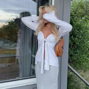 Женские футболки с длинным рукавом, однотонные, с глубоким V-образным вырезом, завязкой спереди, бантом, повседневные, осень-зима, модные, облегающие топы S белый