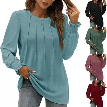 Женские футболки с длинным рукавом, плиссированные свитера с круглым вырезом, свободные блузки, топы S чёрный