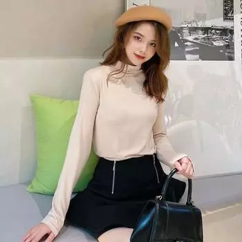 Женские футболки с длинным рукавом, повседневные узкие рубашки на осень-зиму, модные женские пуловеры с высокой эластичностью и воротником-стойкой One Size чёрный