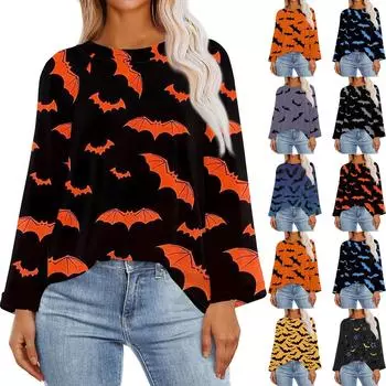 Женские футболки с длинным рукавом, принт на Хэллоуин, с круглым вырезом, базовые футболки, повседневные свободные туники, топы XXL