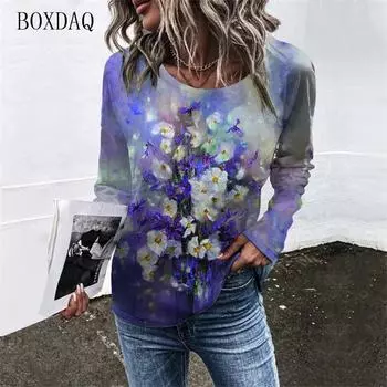 Женские футболки с длинным рукавом с цветочным принтом, весенне-осенняя уличная женская футболка с 3d цветочным принтом, большие размеры 8XL, женская одежда, повседневные топы M