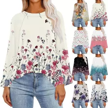 Женские футболки с длинным рукавом с принтом и круглым вырезом, базовые футболки, повседневные свободные туники, топы S