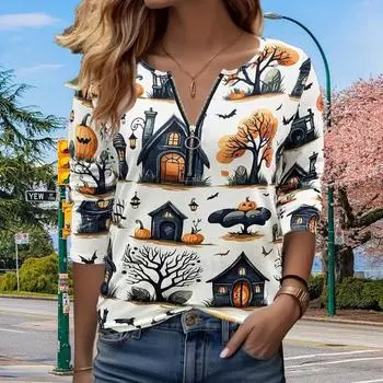 Женские футболки с длинным рукавом с принтом на осень и Хэллоуин, свободные футболки больших размеров с V-образным вырезом, удобные блузки XS белый