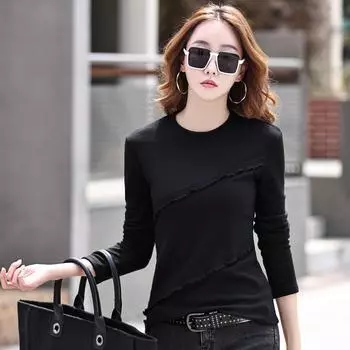 Женские футболки с длинным рукавом, тонкая футболка, черно-белые женские футболки, весна-осень S чёрный
